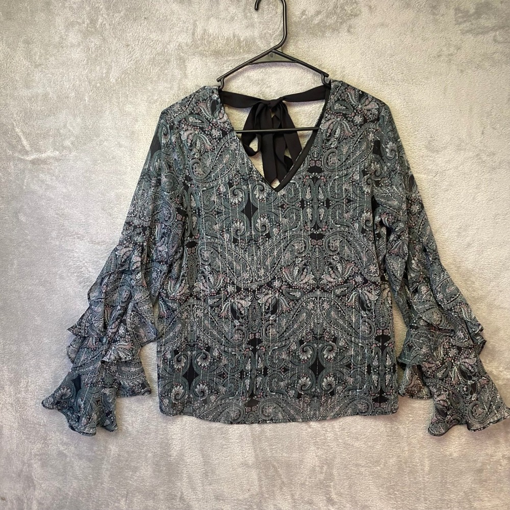 BCX Blouse Womens Medium Paisley Metallic Ruffle Sleeve Tie Back Black Teal EUC